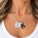 Never Ever Give Up Black Awareness Ribbon Necklace – Melanoma, Mourning & Grief Support Jewelry