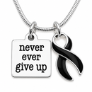 Never Ever Give Up Black Awareness Ribbon Necklace – Melanoma, Mourning & Grief Support Jewelry
