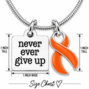 Never Ever Give Up Orange Awareness Ribbon Necklace – Leukemia, Kidney Cancer & MS Support Gift