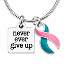 Never Ever Give Up Pink & Teal Awareness Ribbon Necklace – BRCA Previvor Gift, Hereditary Cancer Awareness Jewelry