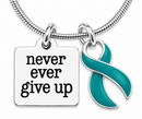 Ovarian Cancer Awareness Necklace – Teal Ribbon Never Ever Give Up Necklace – Survivor Fighter Gift, Encouragement Jewelry for Women
