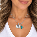 Ovarian Cancer Awareness Necklace – Teal Ribbon Never Ever Give Up Necklace – Survivor Fighter Gift, Encouragement Jewelry for Women