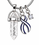 ALS Awareness Clear Quartz Crystal Necklace – Blue & White Ribbon, ALS Warrior Survivor Gift, Healing Crystal Jewelry