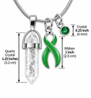 Green Awareness Ribbon Clear Quartz Crystal Necklace – Healing Crystal Jewelry, Mental Health, Kidney Disease & Organ Donation Support Gift