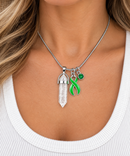 Green Awareness Ribbon Clear Quartz Crystal Necklace – Healing Crystal Jewelry, Mental Health, Kidney Disease & Organ Donation Support Gift