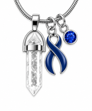 Navy Blue Awareness Ribbon Clear Quartz Crystal Necklace – Colon Cancer, Colorectal Cancer Survivor & Healing Crystal Gift