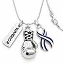 ALS Awareness Necklace – Navy & White Striped Ribbon, Boxing Glove & Warrior Charm – Amyotrophic Lateral Sclerosis Support Gift