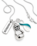 Teal & White Awareness Ribbon Warrior Necklace – Cervical Cancer Fighter & Survivor Boxing Glove Jewelry