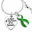 A Piece of My Heart Is in Heaven Memorial Necklace – Green Awareness Ribbon Jewelry, 20" Sterling Silver Snake Chain, Sympathy & Remembrance Gift