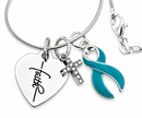 Teal Ribbon Cancer Awareness Necklace – Faith Heart, Pave Cross & Sterling Silver Chain