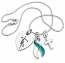 Teal & White Ribbon Cancer Awareness Necklace – Faith Heart, Pave Cross & Sterling Silver Chain