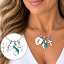 Teal & White Ribbon Cancer Awareness Necklace – Faith Heart, Pave Cross & Sterling Silver Chain