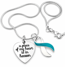 A Piece of My Heart Is in Heaven Memorial Necklace – Teal & White Awareness Ribbon Jewelry, Sympathy & Remembrance Gift