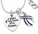 A Piece of My Heart Is in Heaven Memorial Necklace – ALS Awareness Jewelry with Blue & White Ribbon Charm, 20" Sterling Silver Snake Chain, Sympathy Gift for Loss