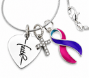 Thyroid Cancer Awareness Necklace – Pink, Purple & Teal Ribbon, Faith Heart & Pave Cross