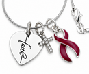Multiple Myeloma Awareness Necklace with Faith Heart, Pavé Cross & Burgundy Ribbon – Christian Inspirational Gift