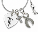 Gray Awareness Ribbon Necklace with Faith Heart & Pavé Cross – Brain Cancer, Brain Tumor & Inspirational Christian Support Gift