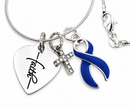 Navy Blue Awareness Ribbon Necklace with Faith Heart & Pavé Cross – Colon Cancer, Colorectal Cancer & Inspirational Christian Support Gift