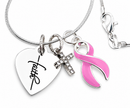 Pink Breast Cancer Awareness Ribbon Necklace with Faith Heart & Pavé Cross – Inspirational Christian Cancer Support Gift