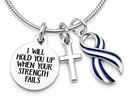 ALS Awareness Necklace – “I Will Hold You Up When Your Strength Fails” Blue & White Striped Ribbon & Silver Cross
