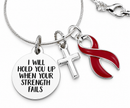 Multiple Myeloma Awareness Necklace – “I Will Hold You Up When Your Strength Fails” Burgundy Ribbon & Silver Cross