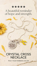 Periwinkle ribbon necklace with engraved Christian quote, "I Can Do All Things Through Christ Who Strengthens Me," by Rock Your Cause Jewelry.