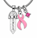 Pink Ribbon Clear Quartz Crystal Necklace – Breast Cancer Awareness Survivor Gift, Healing Crystal Jewelry for Her