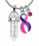 Thyroid Cancer Awareness Clear Quartz Crystal Necklace – Pink Teal Purple Ribbon, Thyroid Cancer Survivor Gift, Healing Jewelry