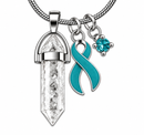 Teal Awareness Ribbon Clear Quartz Crystal Necklace – Ovarian Cancer, PCOS, Endometriosis & Sexual Assault Awareness Gift