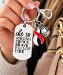 Red White Ribbon Awareness Keychain, Oral Cancer Head Neck Cancer DVT Aplastic Anemia Gift, She Is Strong Fierce Brave Warrior Gift