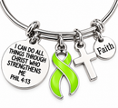 Lime Green Ribbon Bracelet, Lymphoma Awareness Gift, Lyme Disease Jewelry, Philippians 4:13 Faith Bracelet, Cancer Survivor Gift