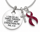 Burgundy Awareness Ribbon Faith Necklace – Philippians 4:13 Christian Strength Necklace, Multiple Myeloma & Brain Aneurysm Gift
