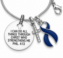 Navy Blue Awareness Ribbon Faith Necklace – Philippians 4:13 Christian Necklace, Colon Cancer & Colorectal Cancer Awareness Gift