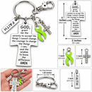 Lime Green Awareness Ribbon Faith Keychain – Lyme Disease Awareness Gift, Serenity Prayer Cross, Inspirational Christian Keychain