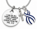 ALS Awareness Necklace – Philippians 4:13 Faith Necklace with Navy Blue & White Ribbon and Cross