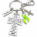 Lime Green Awareness Ribbon Faith Keychain – Lyme Disease Awareness Gift, Serenity Prayer Cross, Inspirational Christian Keychain