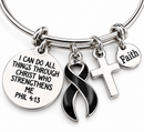 Black Awareness Ribbon Bracelet, Melanoma Cancer Gift, Philippians 4:13 Faith Jewelry, Remembrance Bracelet, Christian Encouragement Gift