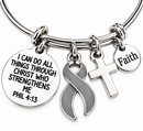 Gray Ribbon Bracelet, Brain Cancer Awareness Gift, Glioblastoma Jewelry, Brain Tumor Survivor Bracelet, Philippians 4:13 Faith Gift