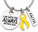 Yellow Ribbon Osteosarcoma Awareness Necklace, Bone Cancer Survivor Gift, Sarcoma Support Jewelry, Matthew 28:20 Christian Faith Necklace
