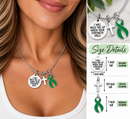 Green Awareness Ribbon Necklace – “I Will Hold You Up When Your Strength Fails” with Silver Cross