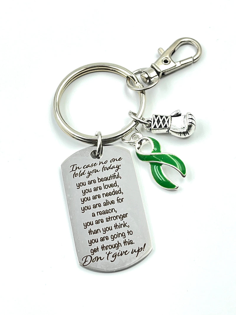 Green Ribbon Encouragement Quote Keychain - Don't Give Up