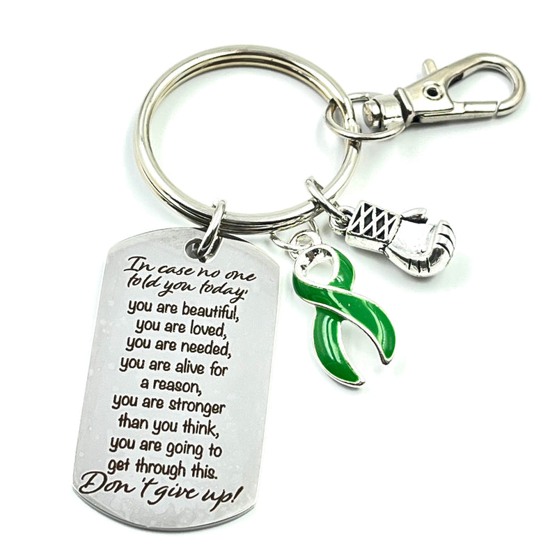 Green Ribbon Encouragement Quote Keychain - Don't Give Up