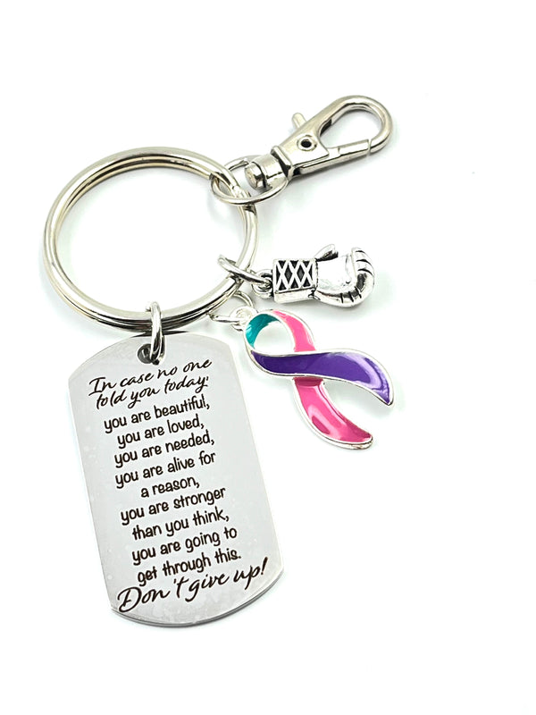 Pink Purple Teal (Thyroid) Ribbon - Encouragement Quote Keychain / Don't Give Up!