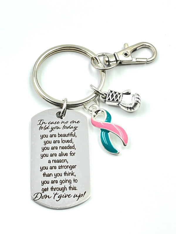 Pink & Teal (Previvor) Ribbon Key Chain - Never Give Up Encouragement Quote Keychain