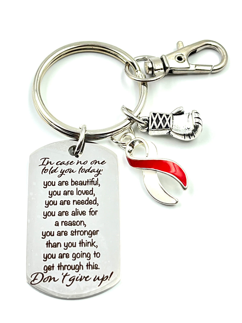 Red & White Ribbon Encouragement Poem Keychain - Don't Give Up!