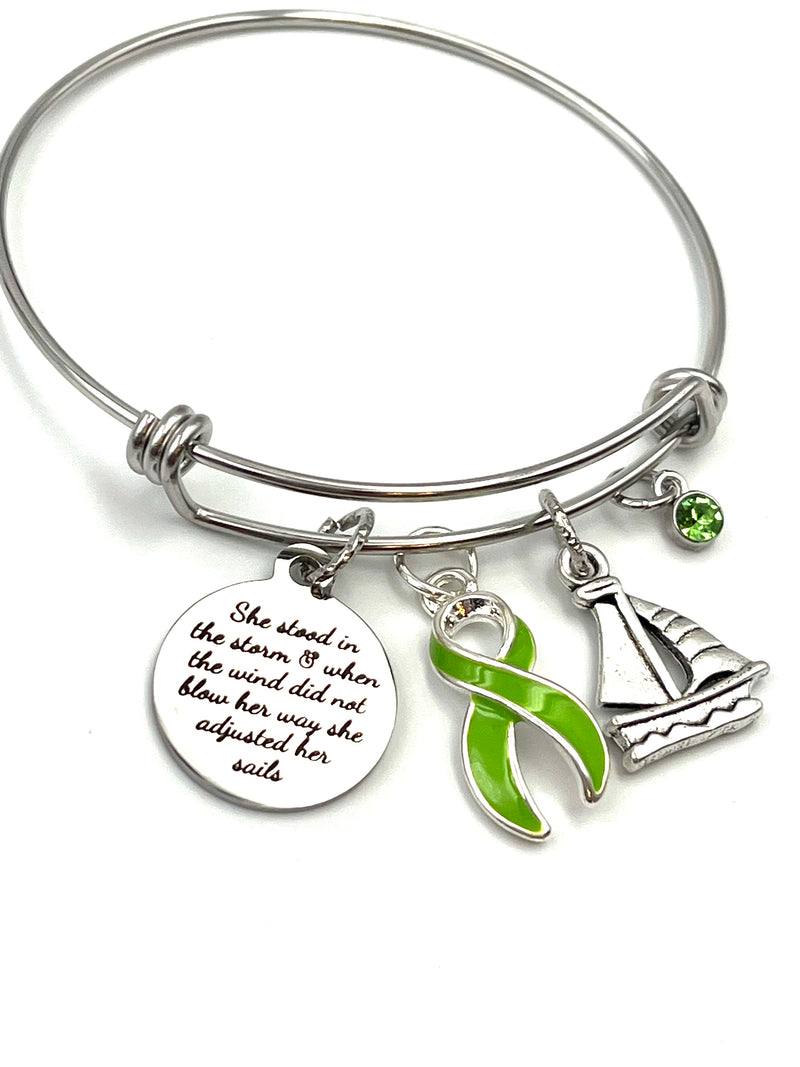 Lime Green Ribbon Charm Bracelet - She Stood in the Storm / Adjusted Her Sails
