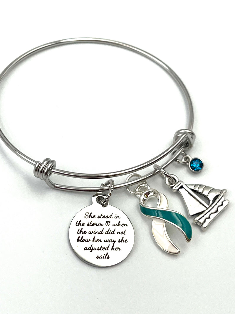 Teal & White Ribbon Charm Bracelet - She Stood In The Storm / Adjusted Her Sales