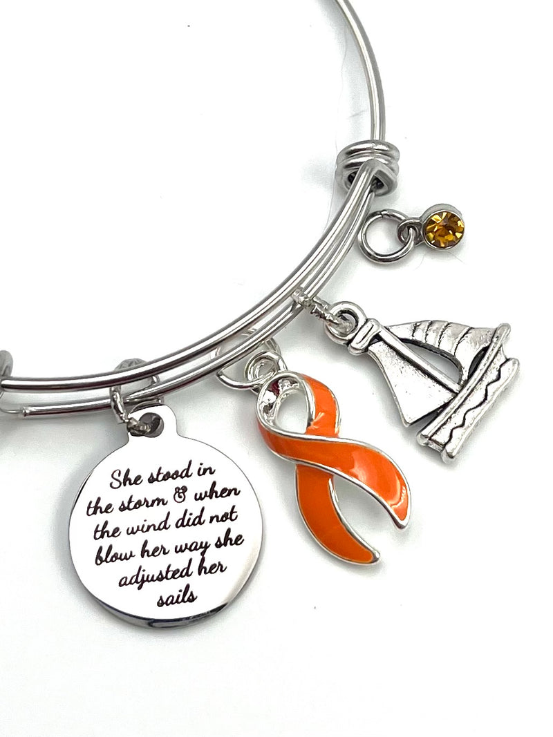 Orange Ribbon Charm Bracelet - She Stood in the Storm / Adjusted Her Sails