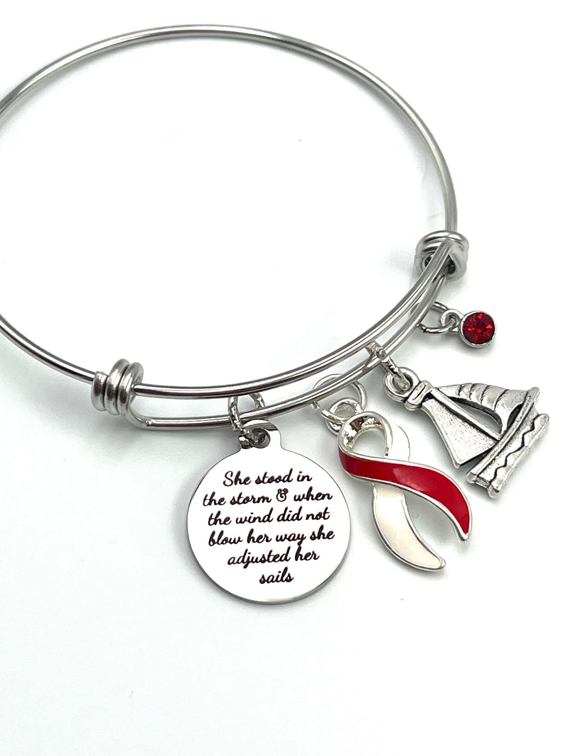 Red & White Ribbon Bracelet - She Stood In The Storm / Adjusted Her Sails