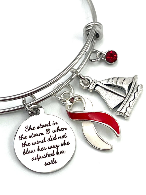 Red & White Ribbon Bracelet - She Stood In The Storm / Adjusted Her Sails